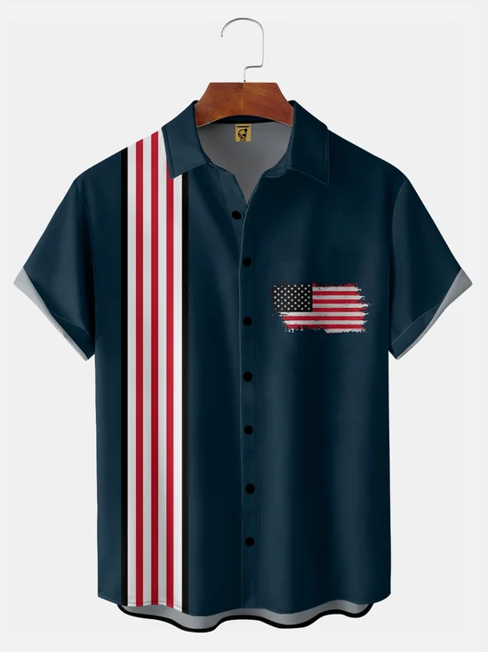 Big Size Moisture-wicking American Flag Chest Pocket Short Sleeves Bowling Shirts