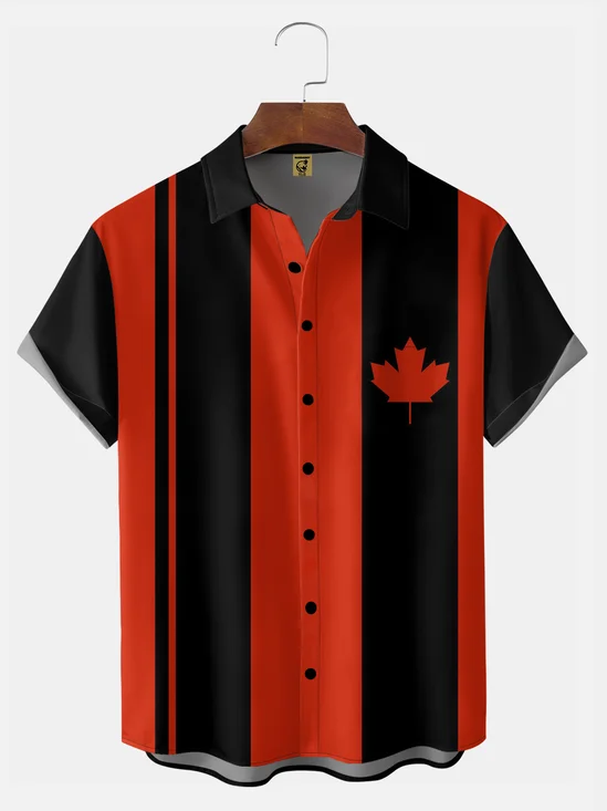 Big Size Moisture-wicking Breathable Canada Day Maple Leaf Chest Pocket Bowling Shirt