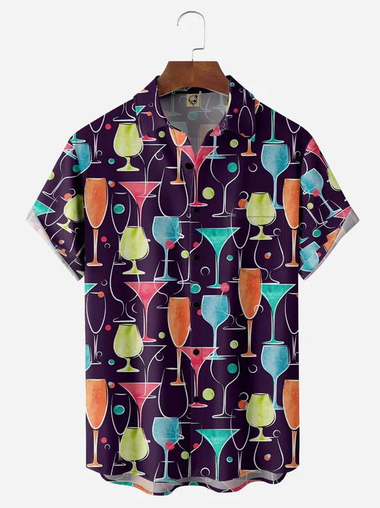 Vintage Wine Cup Chest Pocket Short Sleeves Casual Shirts
