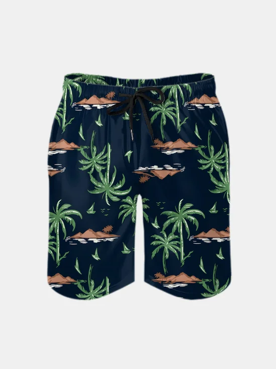 Men's Swim Trunks Hawaiian Tropical Palm Tree Beach Shorts with Pockets