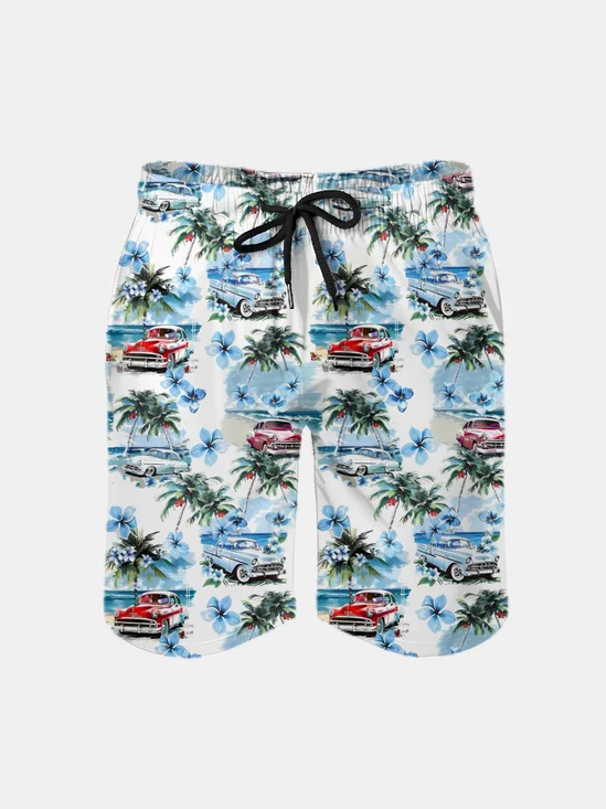 Men's Swim Trunks Hawaiian Tropical Palm Tree Beach Shorts with Pockets