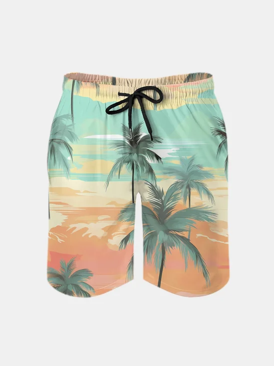 Men's Swim Trunks Hawaiian Tropical Palm Tree Beach Shorts with Pockets