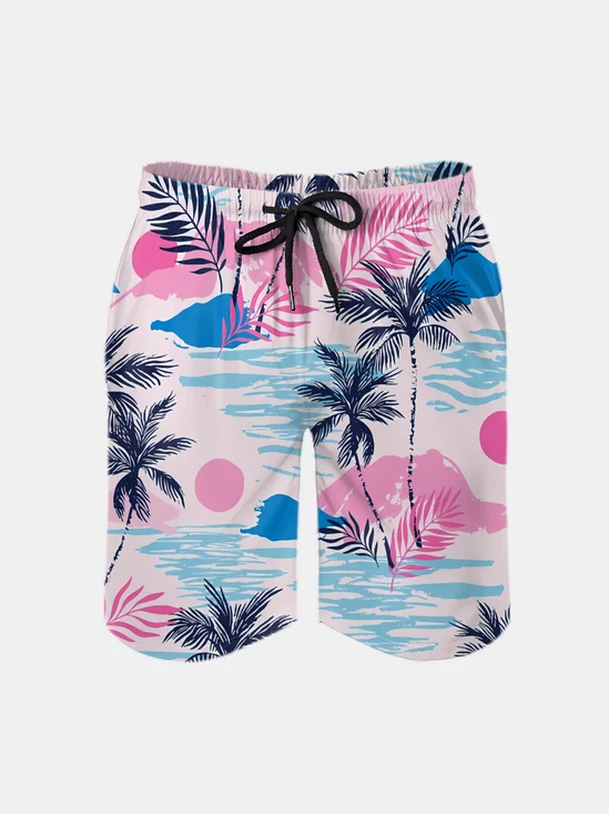 Men's Swim Trunks Hawaiian Tropical Palm Tree Beach Shorts with Pockets