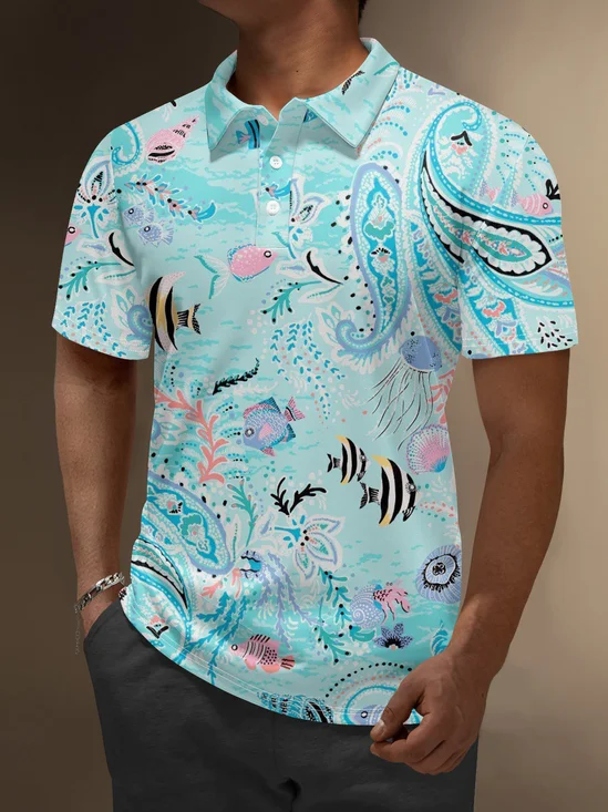 Moisture Wicking Ocean Fish Paisley Golf Polo