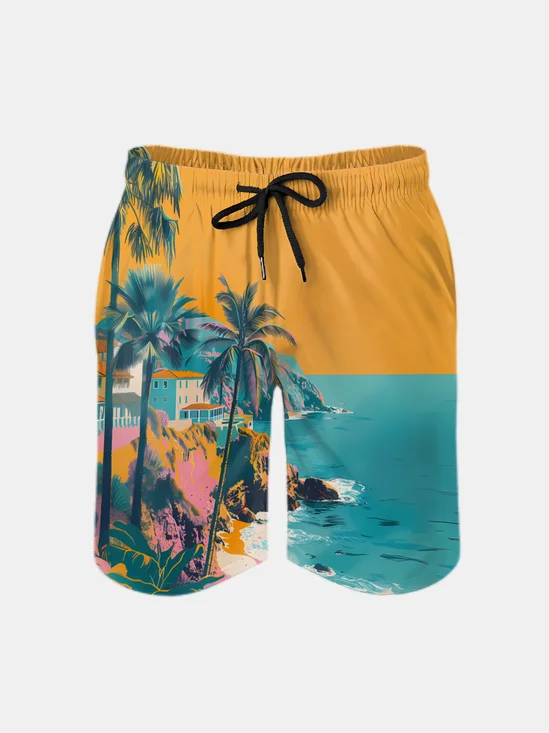 Men's Swim Trunks Hawaiian Tropical Palm Tree Beach Shorts with Pockets