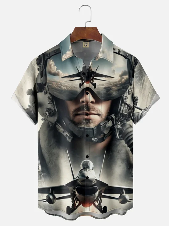 Moisture-wicking Air Force Aircraft Art Memorial Day Chest Pocket Casual Shirt