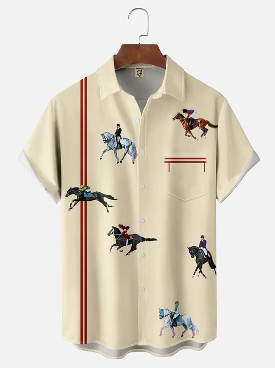 Moisture-wicking Horse Racing Fun Art Chest Pocket Bowling Shirt