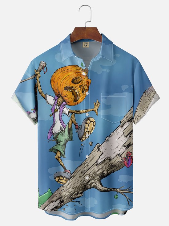 Moisture-wicking Pumpkin Man Art Chest Pocket Casual Shirt