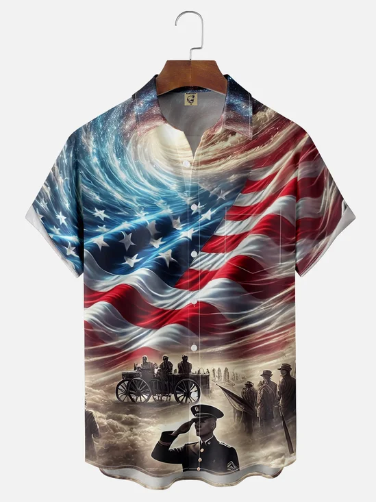 Moisture-wicking Memorial Day American Flag Chest Pocket Casual Shirt