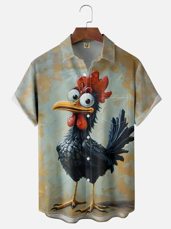 Moisture-wicking Rooster Fun Art Painting Chest Pocket Hawaiian Shirt