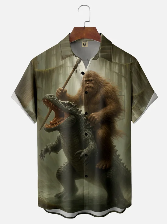 Moisture-wicking Bigfoot vs. Godzilla Chest Pocket Hawaiian Shirt