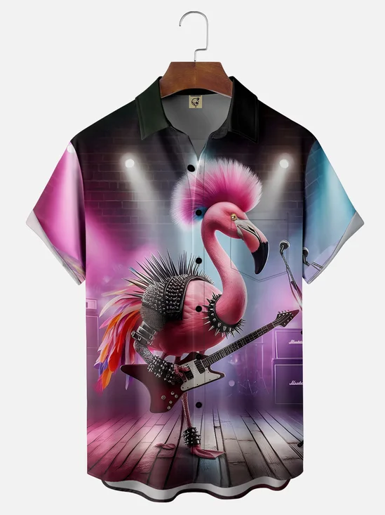 Moisture-wicking Rock Flamingo Chest Pocket Hawaiian Shirt