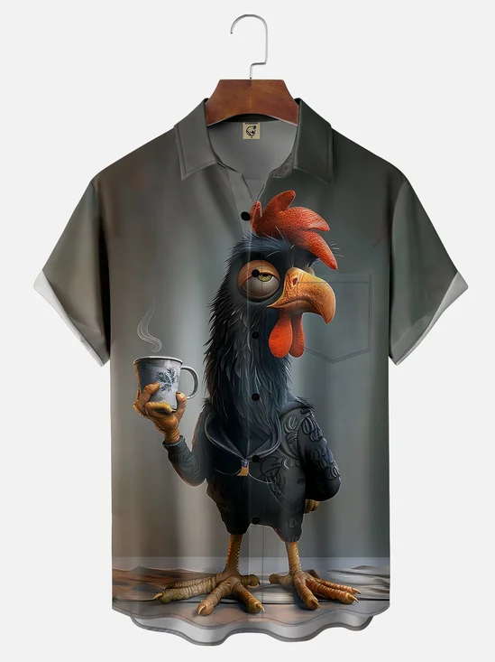 Moisture-wicking Tea Chicken Fun Chest Pocket Hawaiian Shirt