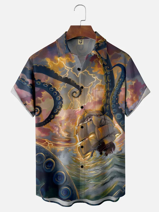 Moisture-wicking Giant Octopus Pirate Ship Chest Pocket Hawaiian Shirt