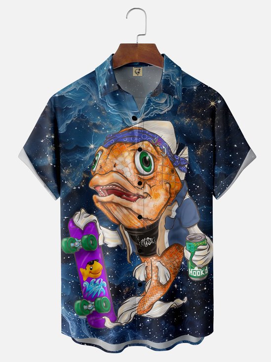 Moisture-wicking Fish Skateboard Texture Art Chest Pocket Casual Shirt
