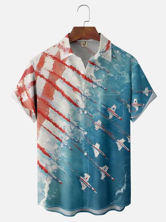 Moisture-wicking American Flag Airplane Beach Chest Pocket Casual Shirt