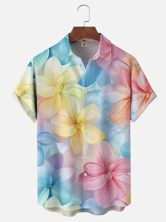 Moisture-wicking Colorful Floral Art Chest Pocket Hawaiian Shirt