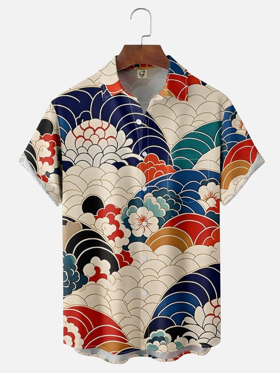 Moisture-wicking Vintage Japanese Floral Wave Ukiyo-e Art Chest Pocket Casual Shirt