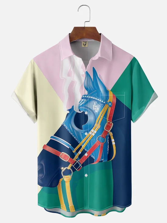 Moisture-wicking Horse Art Abstract Painting Chest Pocket Casual Shirt