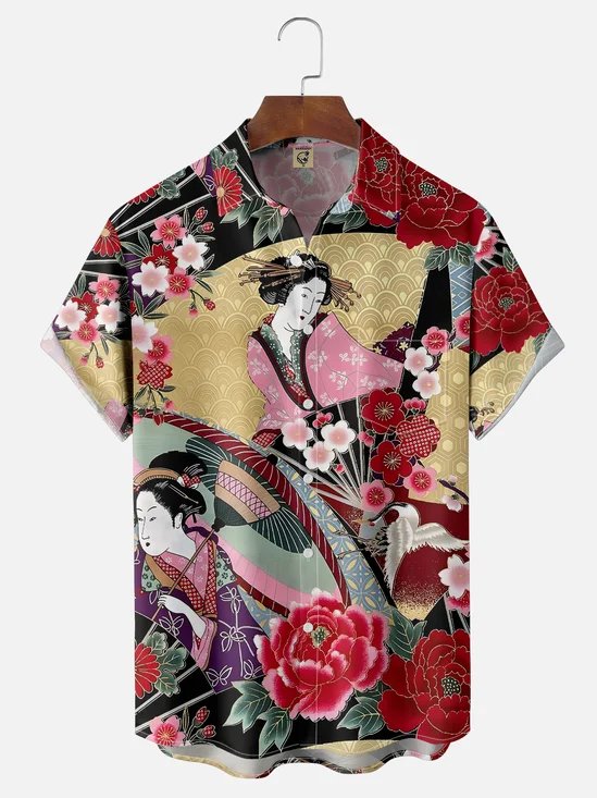 Moisture-wicking Vintage Japanese Geisha Ukiyo-e Art Chest Pocket Casual Shirt