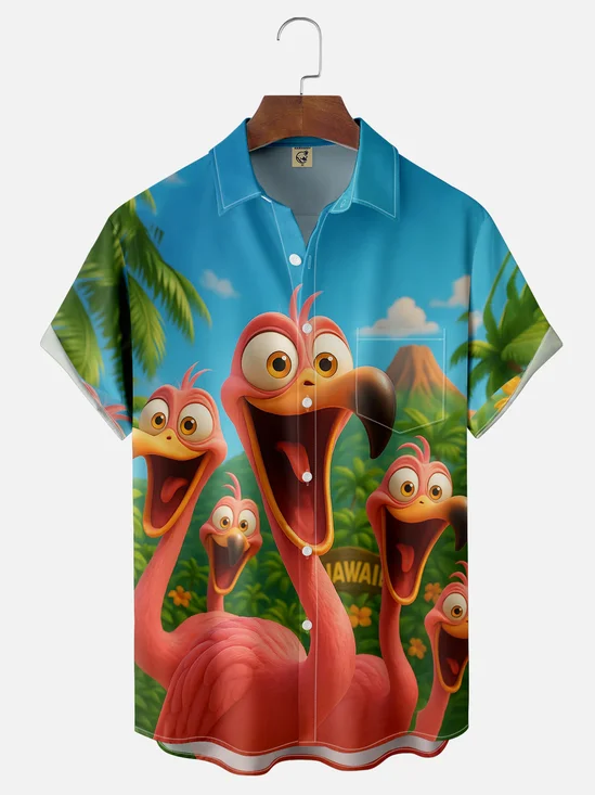 Moisture-wicking Funny Flamingo Island Chest Pocket Hawaiian Shirt