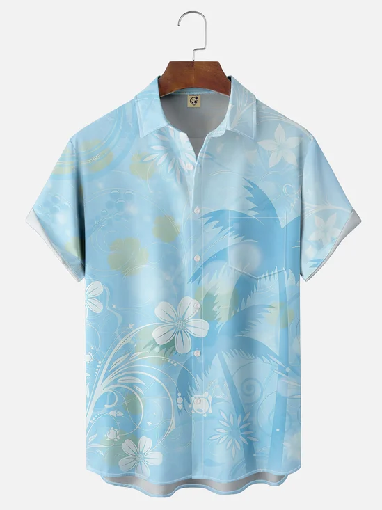 Moisture-wicking Island Coconut Tree Floral Chest Pocket Hawaiian Shirt
