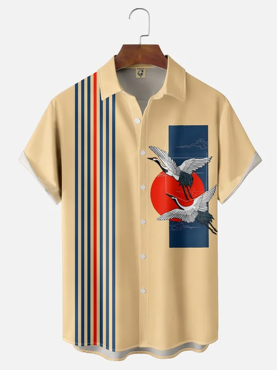 Moisture-wicking Japanese Ukiyo-e Crane Chest Pocket Bowling Shirt