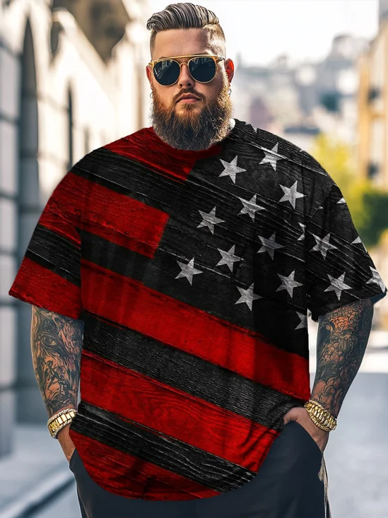 Big Size Men's American Flag Art Independence Day Black and Red Loose T-shirt