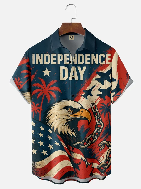 Moisture-wicking Independence Day Bald Eagle American Flag Chest Pocket Casual Shirt