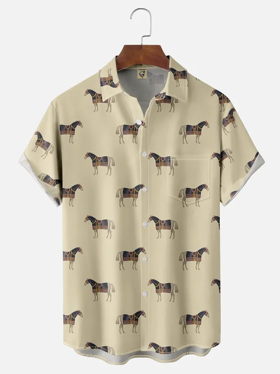 Moisture-wicking Horse Fun Print Chest Pocket Casual Shirt
