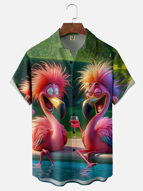 Moisture-wicking Holiday Flamingo Chest Pocket Hawaiian Shirt