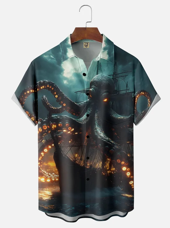 Moisture-wicking Giant Octopus Pirate Ship Chest Pocket Hawaiian Shirt