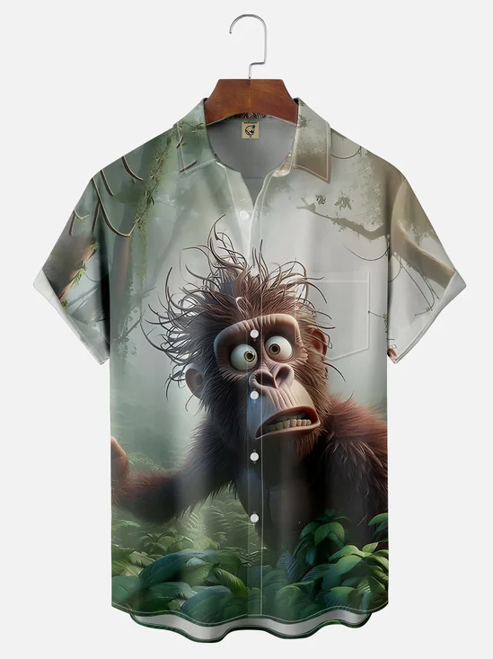 Moisture-wicking Fun Forest Orangutan Chest Pocket Hawaiian Shirt