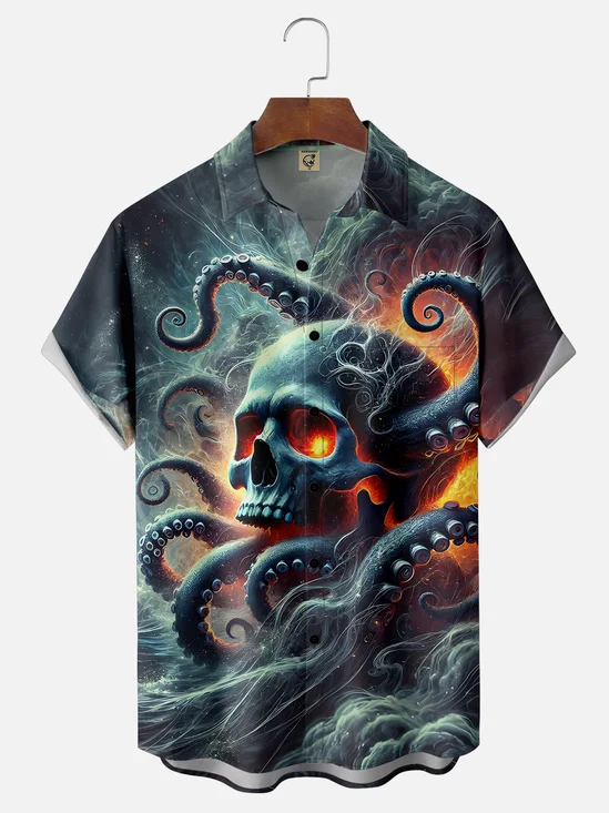 Moisture-wicking Giant Octopus Skull Chest Pocket Hawaiian Shirt