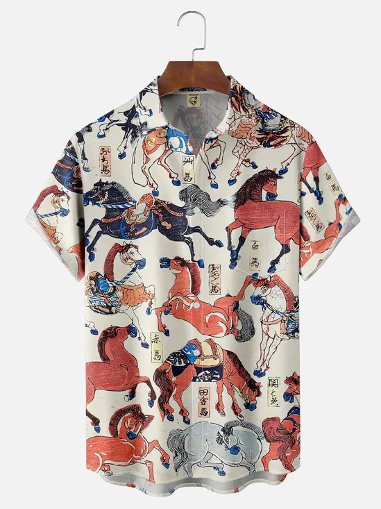Moisture-wicking Japanese Ukiyo-e Horse Art Chest Pocket Casual Shirt