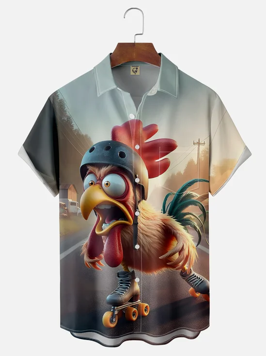 Moisture-wicking Roller Skating Chicken Fun Chest Pocket Hawaiian Shirt