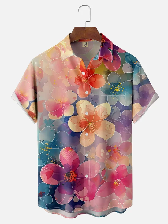Moisture-wicking Colorful Art Floral Chest Pocket Hawaiian Shirt