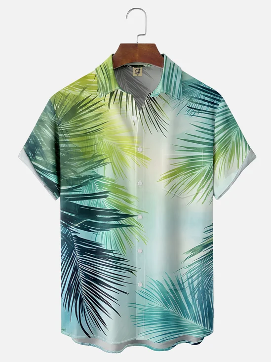 Moisture-wicking Artistic Palm Leaf Avant-garde Chest Pocket Hawaiian Shirt