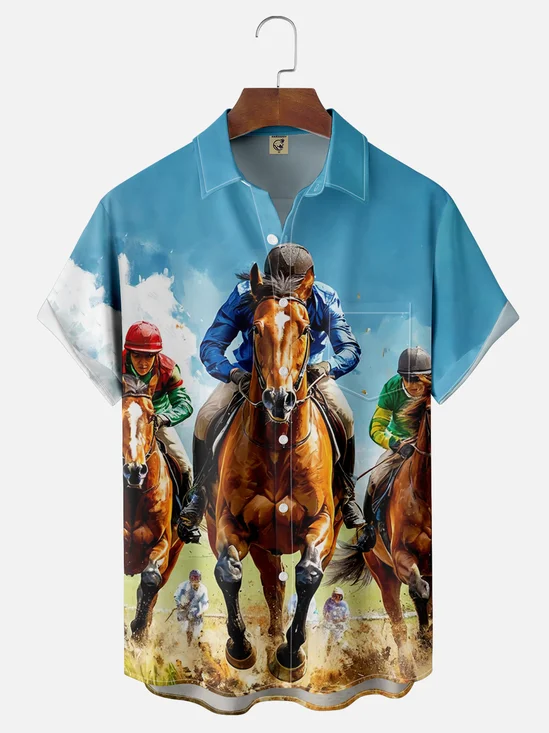 Moisture-wicking Horse Racing Art Chest Pocket Casual Shirt