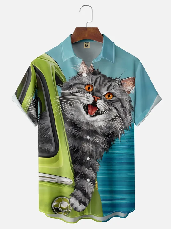 Moisture Wicking Funny Cat Chest Pocket Hawaiian Shirt