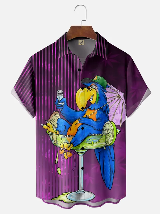 Moisture-wicking Art Illustrator Collaboration Tropical Parrot Cocktail Chest Pocket Hawaiian Shirt