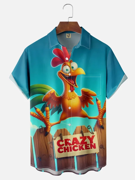 Moisture Wicking Funny Chicken Chest Pocket Hawaiian Shirt