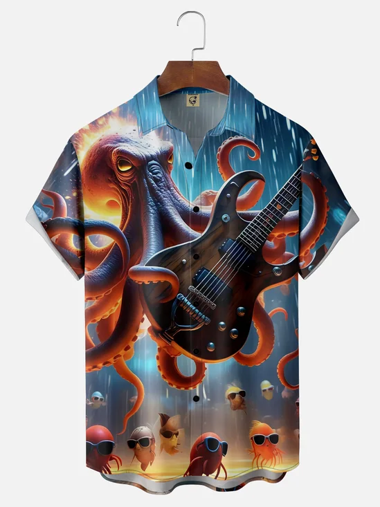 Moisture Wicking Guitar Octopus Chest Pocket Hawaiian Shirt