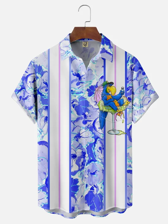 Moisture-wicking Art Illustrator Collaboration Parrot Floral Chest Pocket Bowling Shirt