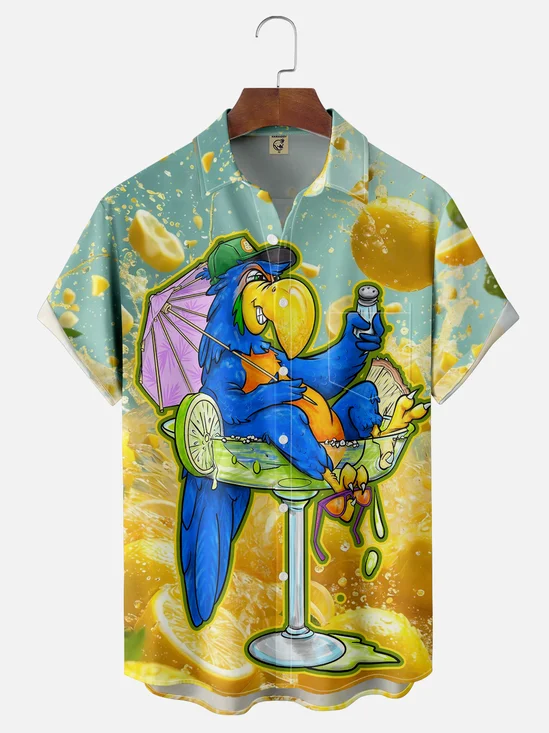 Moisture-wicking Art Illustrator Collaboration Parrot Chest Pocket Hawaiian Shirt