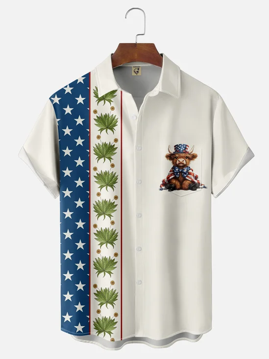 Moisture-wicking American Flag Cattle Chest Pocket Casual Shirt