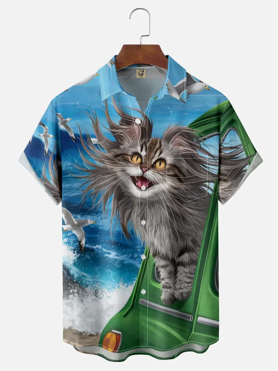 Moisture Wicking Funny Cat Chest Pocket Hawaiian Shirt