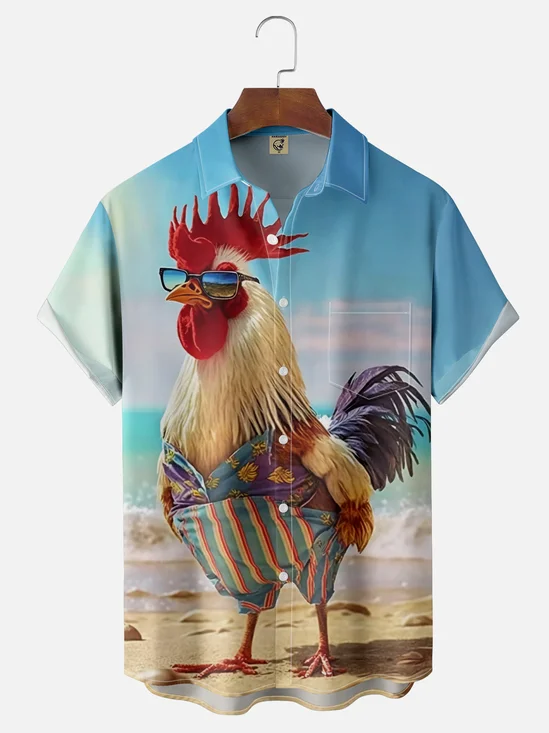 Moisture Wicking Fun Beach Chicken Chest Pocket Hawaiian Shirt