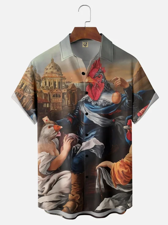 Moisture Wicking Funny Chicken Chest Pocket Hawaiian Shirt