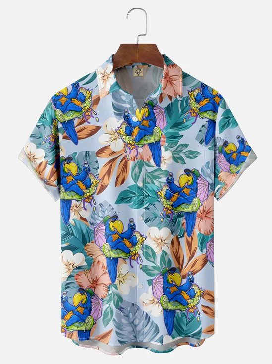 Moisture-wicking Art Illustrator Collaboration Tropical Parrot Chest Pocket Hawaiian Shirt
